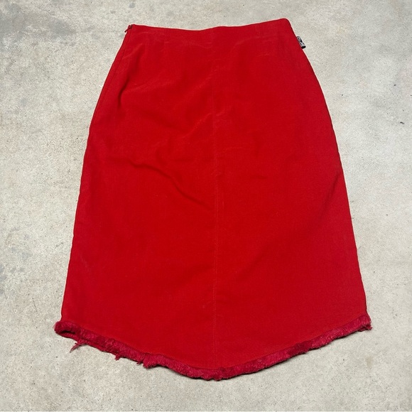 yLondon Red Midi Pencil Skirt Textured Fringe Hem Size 28 - Picture 2 of 6